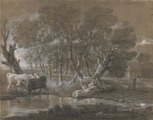 A Moonlit Landscape with Cattle by a Pool by Thomas Gainsborough